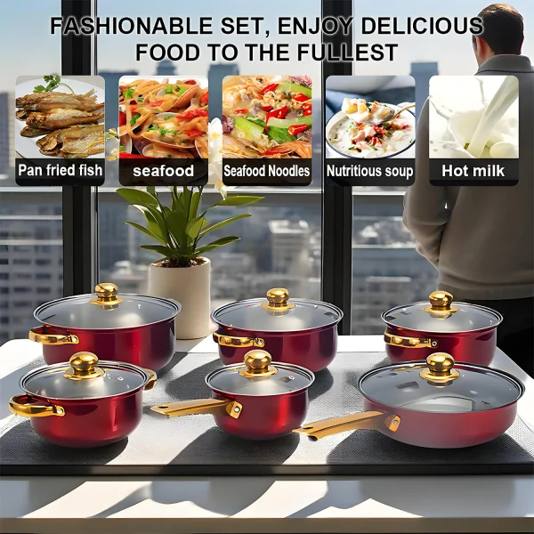 Red Cookware Set, 12-Piece ,Stainless Steel, Non-Stick