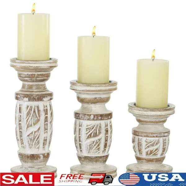 3 White Wash Candle Holder Rustic Country Cottage