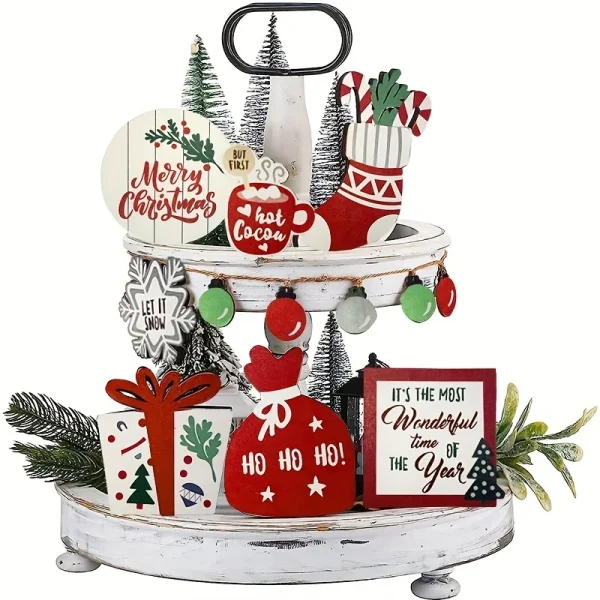 Christmas Tiered Tray Set Wooden Decoration Set
