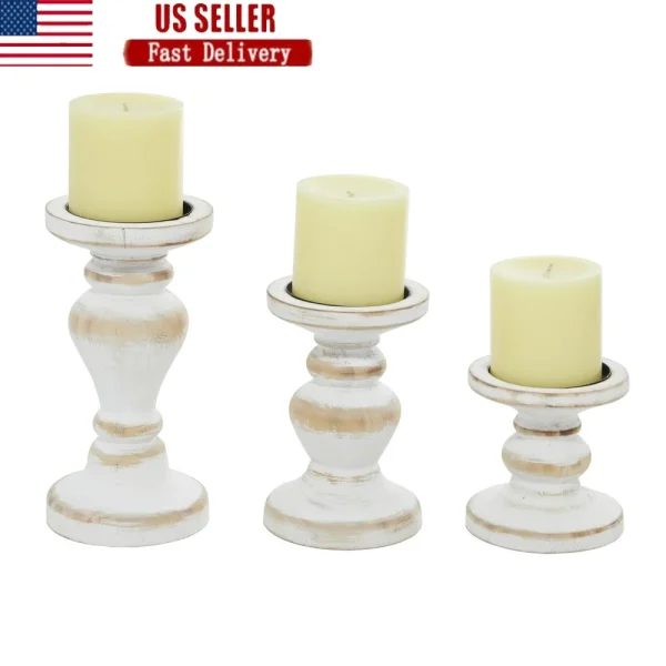 Set of 3 Distressed White Wooden Candle Holders