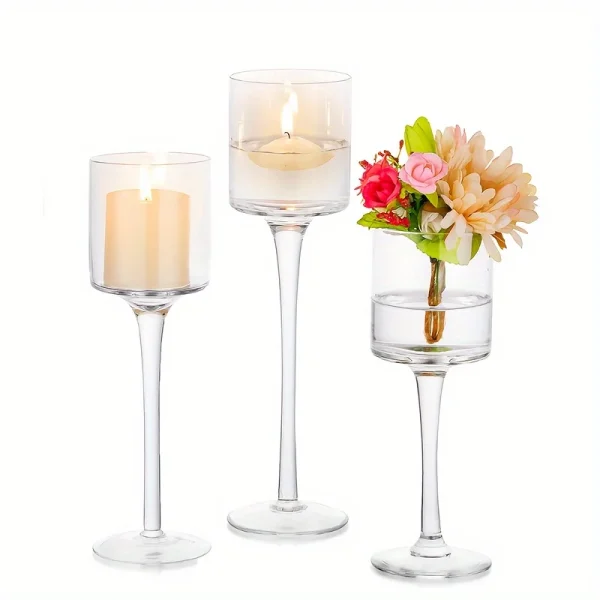 Set of 3 Glass Tall Tea Light Long Stem Candle Holders