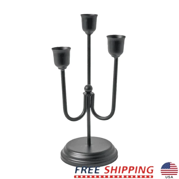 3-Arm Black Metal Taper Candle Holder