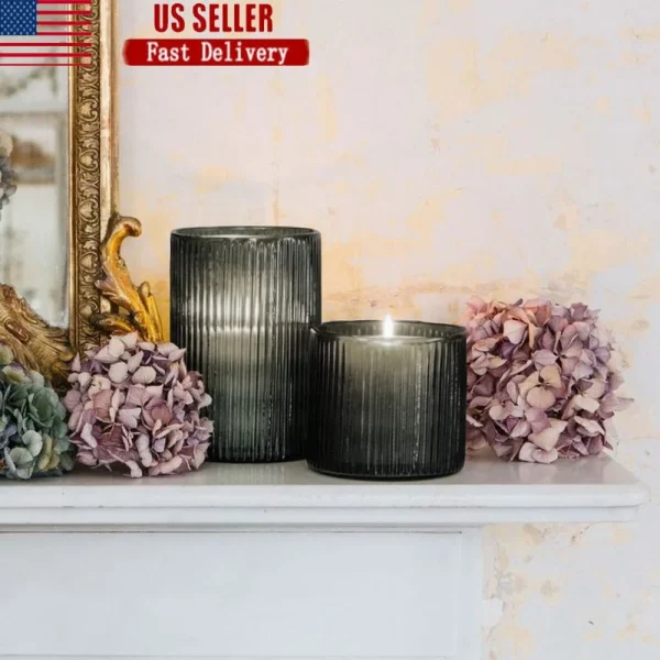 Smoke Glass Ribbed Hurricane Candleholder 8" Glass