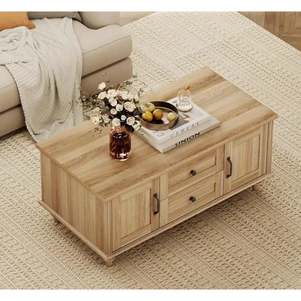 Farmhouse Coffee Table with Drawer & Storage Cabinet