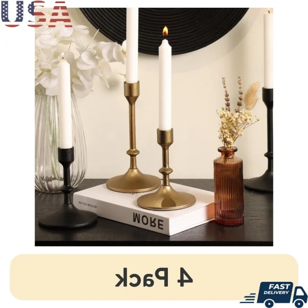 4 Pack Gold Cast Iron Taper Candle Holders