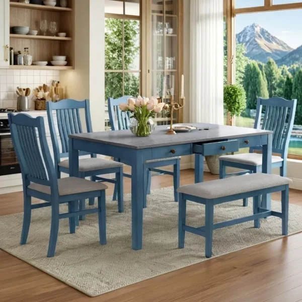 6 Piece Farmhouse Solid Wood Dining Table Set