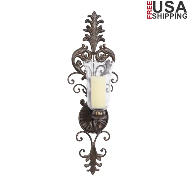 Rustic Bronze Glass Wall Sconce Scrollwork Design